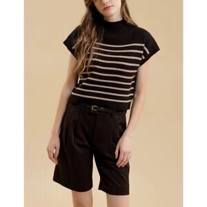 Blu Pepper Black Beige Striped Funnel Neck Sweater Cap Sleeve Knit Top Size L